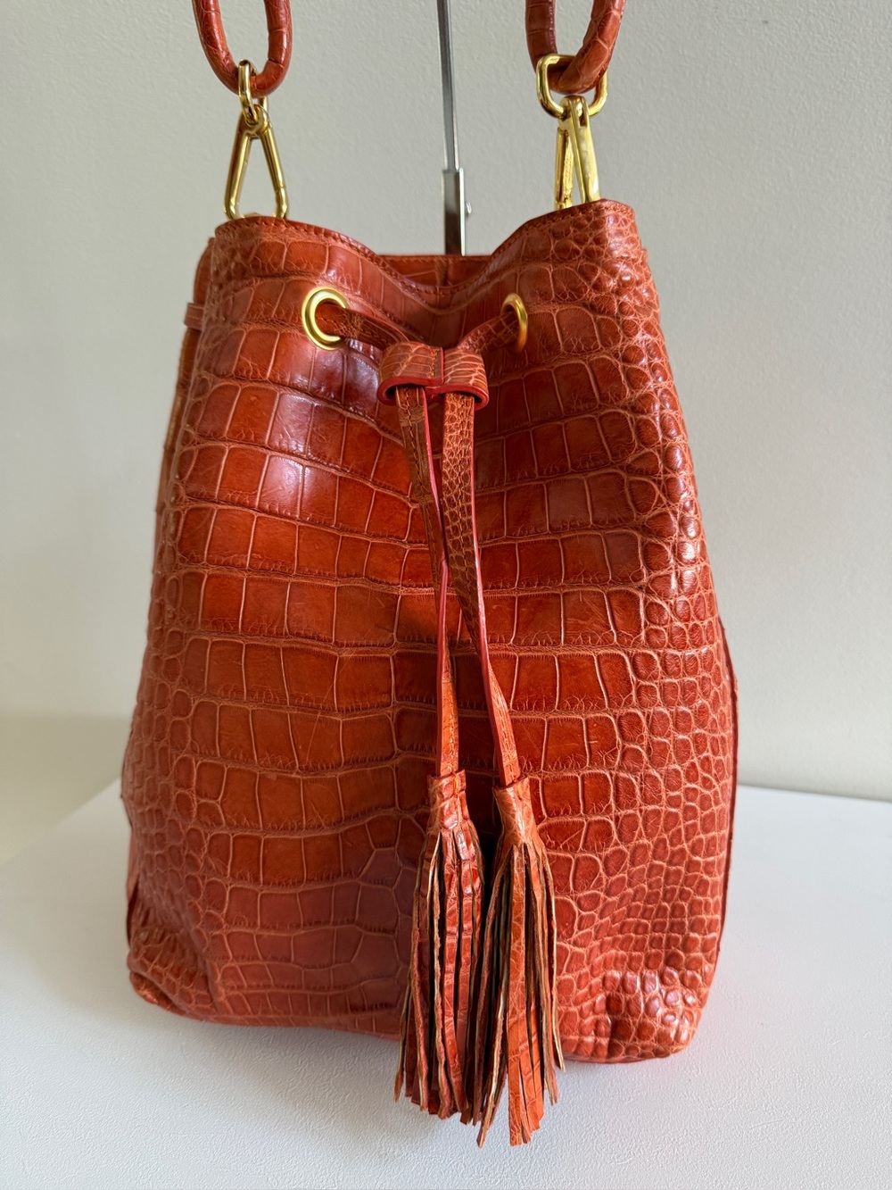 Genuine Alligator Bucket Bag Handbag, Orange
